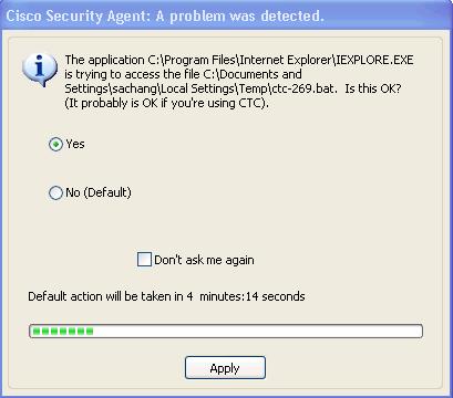 problem is detected: Figure 4 Cisco Security Agent Popup Window 4.