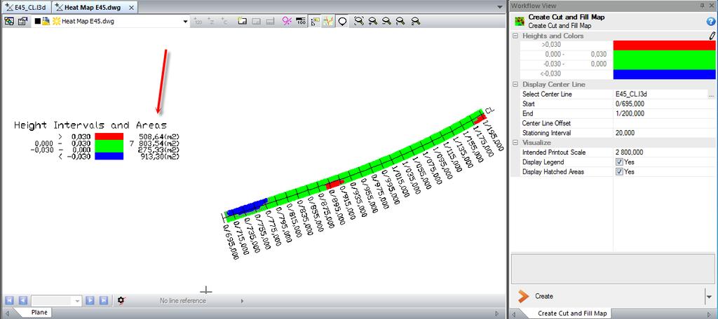 DWG cut and fill map with area information 1.9 Road If a cross fall models (CFM) is assigned to a center line and a road width is defined, the surface can be seen in a cross section view.