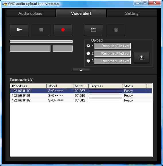Voice alert tab Use this menu to record sound via a microphone connected to the computer, and upload the recorded audio file to the unit.