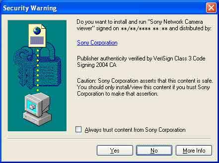 Preparation When the viewer of the unit is displayed for the first time Security Warning is displayed. When you click Yes, ActiveX control is installed and the viewer is displayed.