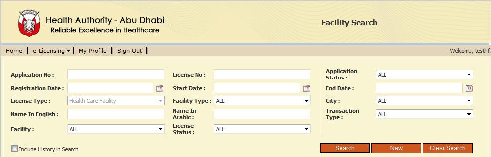 3.3 Health Facility Licensing Search The HFL user will get access to the screen as shown below.