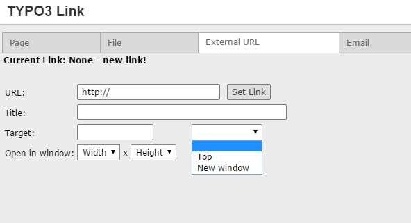 2 1 3 4 1. Click on the External URL tab. 2. Click the down arrow to open the target menu and choose New window.