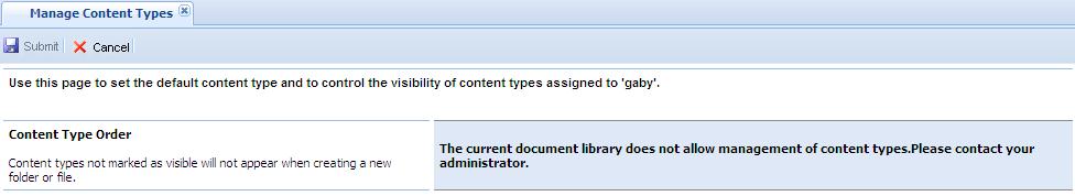 types. It allows the user to set the default content type and to control the visibility of content types as shown below.