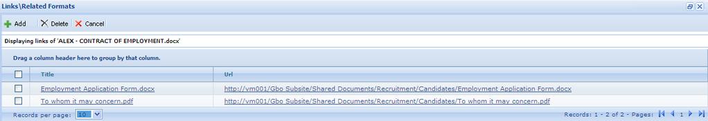 2.7.8.9 MANAGELINKS \ RELATED FORMATS To view the links \ related formats of a document the user must select a document then click on ManageLinks\Related Formats and the following page will open.