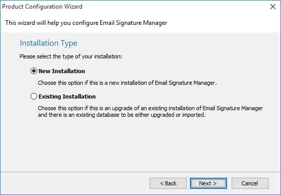 Select the appropriate option depending on whether this is a new installation or an existing installation, and click the Next button to proceed to either the New Installation page or Existing
