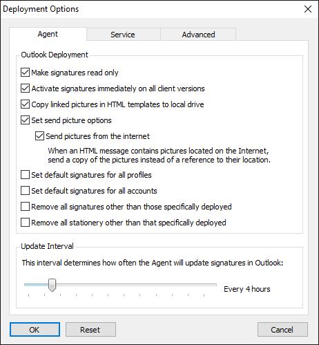 This dialog is used to configure system-wide settings used when deploying signatures to the users in your organization.