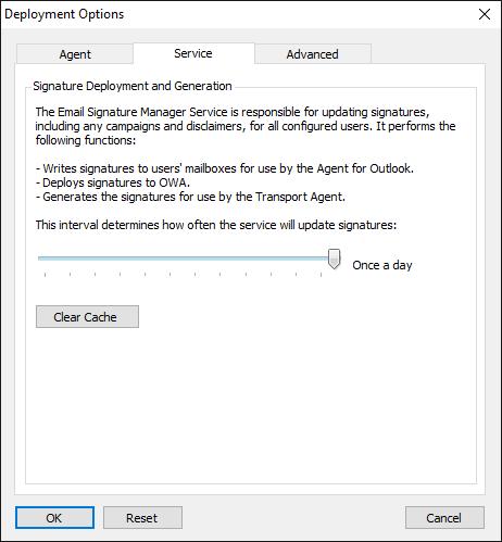 Service Page The Service page on the Deployment Options dialog is used to configure the Email Signature Manager Service: The following settings can be configured: Setting Description Interval