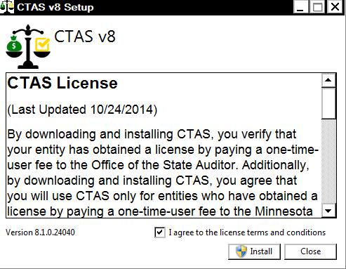 To begin installation, left click once on the Install button. A pop up window asking for permission to install the program may appear. Users will have to select yes or allow to install CTASv8.