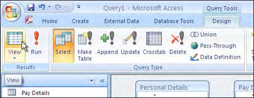 Learning Microsoft Access 2007 C Looking at the Query 1 Click on the VIEW icon at the left of the DESIGN tab of the RIBBON (not the arrow at the base of the icon).