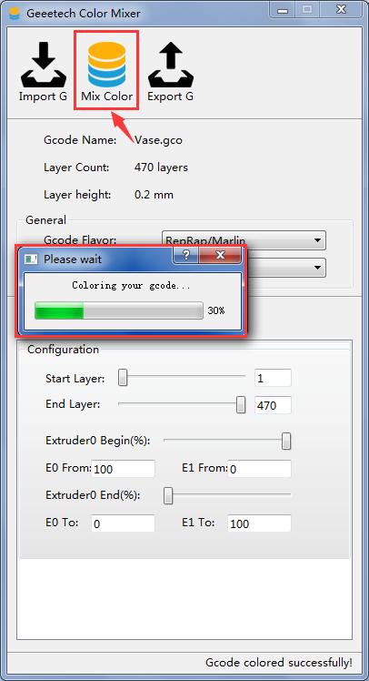 (Picture 7-5) Click Export G to export the mixed gcode file, which is named with a suffix