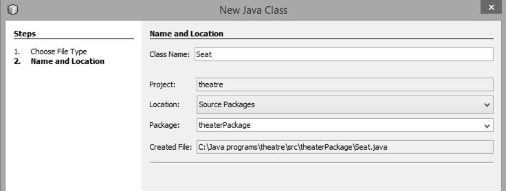 266 Java Programming for A-level Computer Science We will begin by setting up the Seat class file. Right-click on theatrepackage in the Projects window, then select New / Java Class.