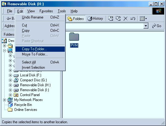 For the CF memory card, select and open Removable Disc [G] (the drive number depends on the computer system) from among the removable memory devices.