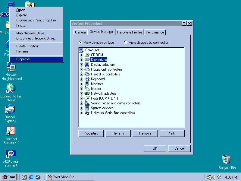 Open the Device Manager screen and check the installation. Right click [My Computer], then click on [Properties] of the menu to open the [System Properties] screen.