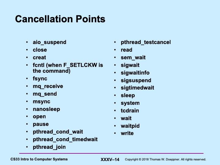 The slide lists all of the required cancellation points in POSIX.