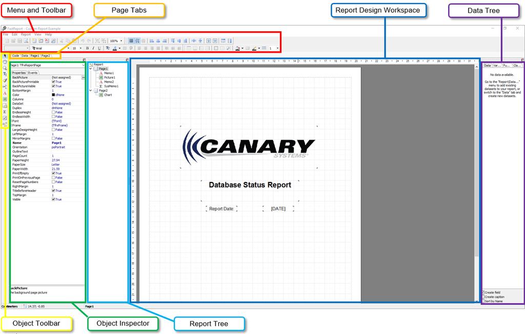 Report Designer Interface The Report Designer consists of seven main features, as shown below: (Figure 2 The Report Designer with features highlighted) Menu/Toolbar This feature provides typical