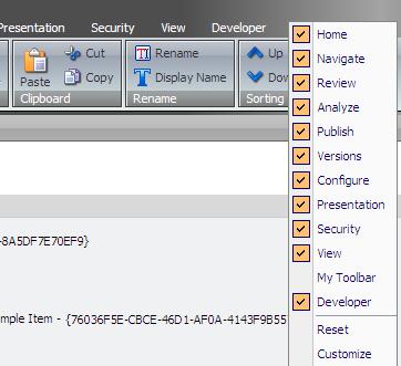 2.1.4 How to Show or Hide the Developer Tab The Developer tab provides convenience features for developers working with Sitecore solutions.