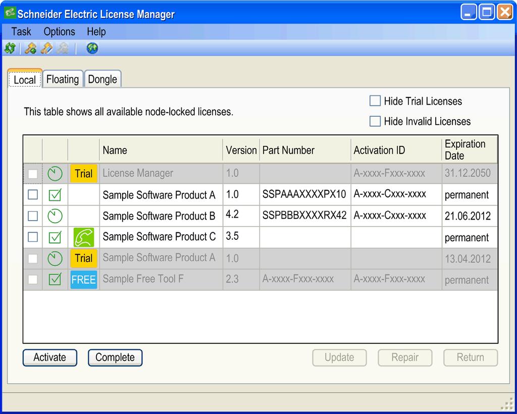 Main Dialog Box and Tabs Local Tab Introduction After starting the Schneider Electric License Manager the main dialog box is displayed with the Local tab selected.