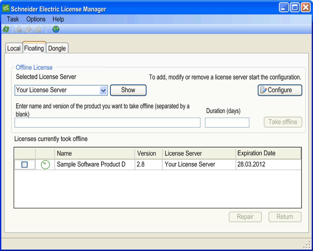 Main Dialog Box and Tabs Floating Tab Introduction After starting the Schneider Electric License Manager select the Floating tab in the main dialog box.