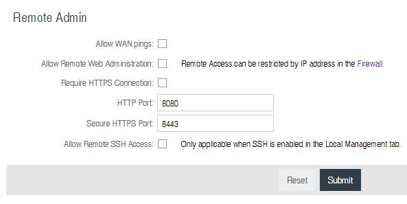 Allow WAN pings When enabled the functionality allows an external WAN client to ping the router.