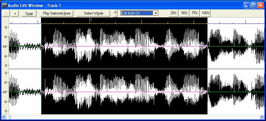 The Audio Edit window shows graphical representations of the waveforms on the selected track. It scrolls as the song plays, with a thin red vertical stripe to mark the current song position.