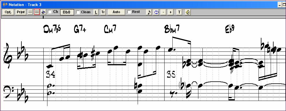 Editable Notation window in 16th note (even) resolution. Moving Notes Notes can be moved via drag and drop.