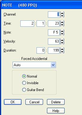 This dialog allows editing of: The MIDI channel for the note. The exact time location. Note name. Velocity of the note. Duration of the note in beats and ppq.