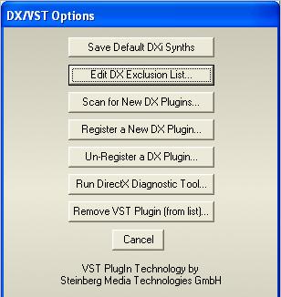 Options The [Options] button brings up the DX/VST Options dialog: These options are for managing the real time DirectX and VST effects plug-ins on your system.