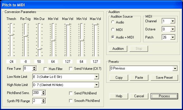 Pitch to MIDI plug-in will analyze a monophonic audio track and create an equivalent MIDI track. Min Dur - Minimum note duration (in milliseconds).