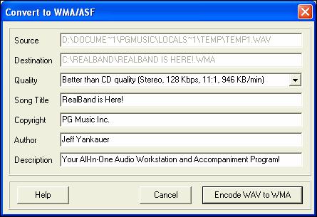 To access this feature select Audio Merge Audio and DXi Tracks to WMA file. In the example we chose 160Kbps, since we want the file to sound as clear as possible.