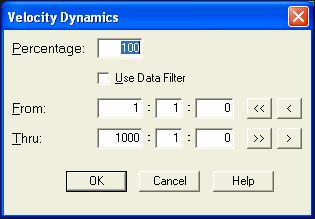 The Percentage setting will cause the velocity values to be moved either closer or farther away from the average velocity. A percentage setting of 100 results in no change.