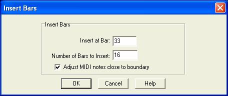 Insert Blank Bars Command The new Edit Insert Blank Bars into song command makes it easy to insert blank bars into the song, with an option to intelligently adjust MIDI notes that are close to the