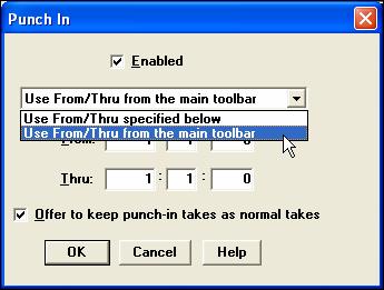Punch In When the Punch In feature is enabled recording takes place between the From and Thru settings and will overwrite existing events in the specified section.