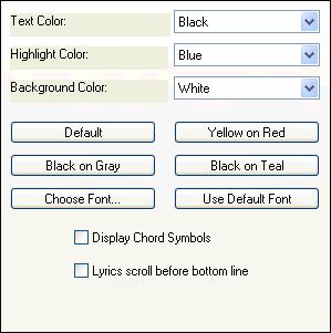 Various settings for this window can be changed in the Lyric Window Options dialog, which is launched with the [Options] button in the Big Lyrics window.