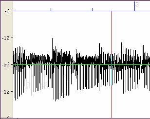 The thin red vertical line that is visible within the Audio Edit window indicates the current time location in the song. It is seen in reverse video (i.e. negative) if the current time is contained within the highlighted range of a track.