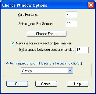 The Bars Per Line setting determines how many measures will be drawn per line in the Chords window.