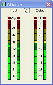 The VU Meters window can be left open for monitoring during recording. The input levels should normally be active in the mid-range of green segments with transient peaks in the yellow range.