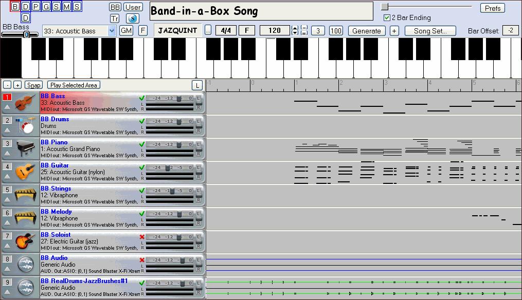 If your Band-in-a-Box song has RealTracks they will be generated in RealBand when you open the file. Here is a Band-in-a-Box song with an all RealTracks style that has been opened in RealBand.
