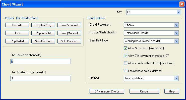 The Options menu item launches the Chords Window Options dialog. The Bars Per Line setting determines how many measures will be drawn per line in the Chords window.