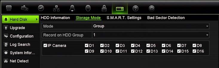 3. Under Record on HDD Group, select the HDD group number. 4. Check the channels to be added to this group. Note: By default, all channels belong to HDD group 1. 5. Click Apply to save the settings.