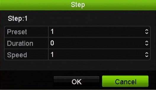 3. In the preset tour toolbar, click to add a step to the preset tour. The Step pop-up window appears. Select the preset number, dwell time, and speed of the step. Click OK to save the settings.