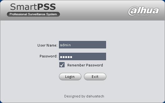 2 Logging In 1) Open Smart PSS 2) Use your username and password to login. Note: Select Remember Password to automatically login upon start up.
