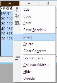 1. Right click at the top of the PART_NUMBER column, and select Insert from the