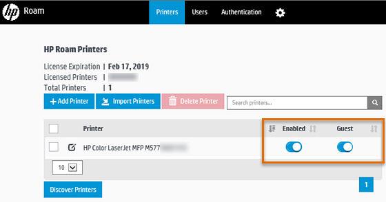 Enable HP Roam printers and Guest printing After the printer list has been populated, administrators must enable HP Roam user access and/or guest access on each printer.