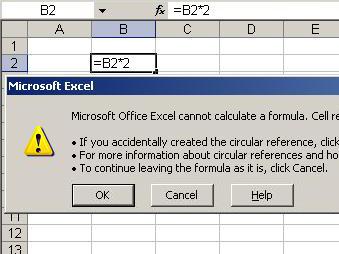 Excel immediately detects the attempt to create what it refers to as a Circular Reference, and displays a dialog box with an error message: Excel 2007 (and Later) Excel 2003 (and Earlier) Fig.