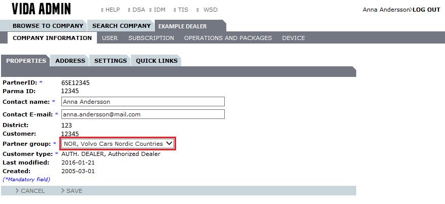 4.7 Installing partner group 1. Log in to VIDA Admin. 2. Select the COMPANY INFORMATION tab. à A page with setting options at company level is displayed. Fig.