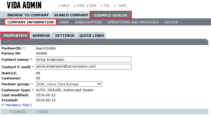 3.1.1 The COMPANY INFORMATION / PROPERTIES tab This tab contains information about, among other things, contact e-mail and partner groups.