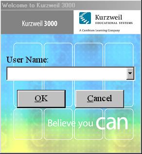 When Kurzweil 3000 restarts, the Kurzweil 3000 Welcome window appears. New user: type a User Name in the text box. The next time you login, your user name will be in the User Name list.