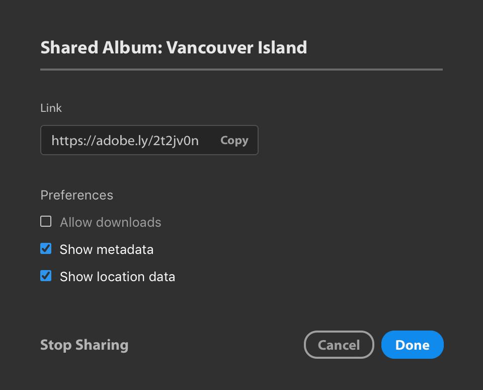 To share an album, navigate to the Album list on the left, right-click on the album you wish to share, and select Share Album. This opens the Shared Album dialog (see Figure 11).