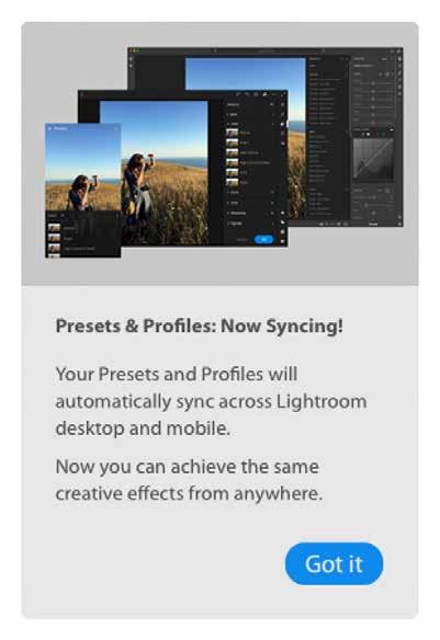 Lightroom CC update Lightroom CC profiles and Presets syncing Lightroom CC is now able to synchronize both presets and profiles, including custom-created presets and third-party presets and profiles.