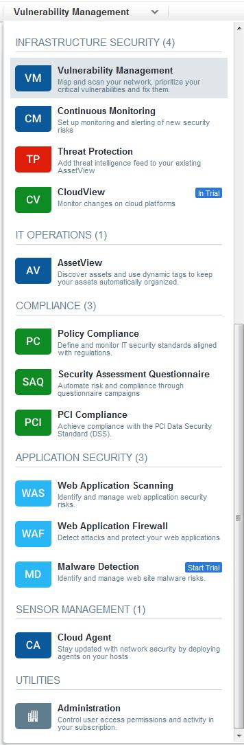 Qualys Cloud Platform App Picker has a new look! The apps in your subscription are now grouped in the app picker making them easier to find. A sample app picker is shown to the right.